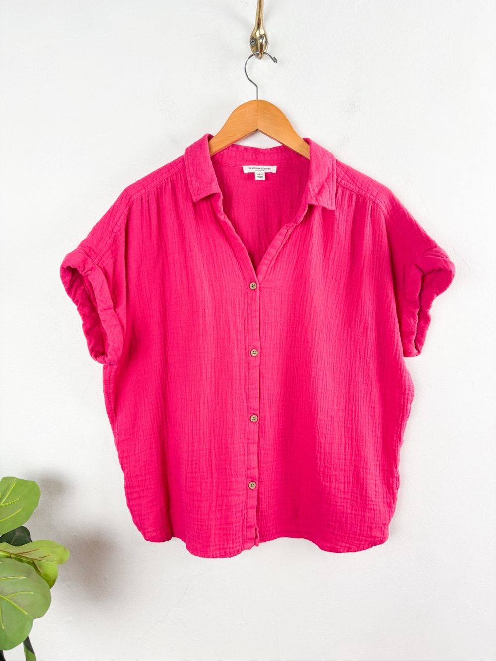 Beachlunchlounge Hot Pink Gauzy Cotton Button Down Top Sz L